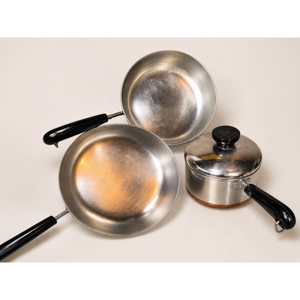 Vintage Revere Ware Copper Clad 3 Pc Cookware Set 8" Skillet 7" Pan 3/4 Qt Sauce